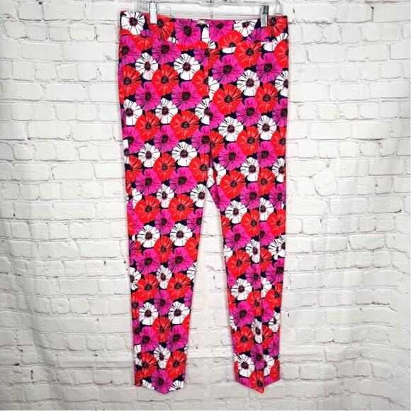 Pappagallo Wms 6 Pink Red Poppy Floral Print Stretch Knit Ankle Pants Modern - Picture 1 of 10